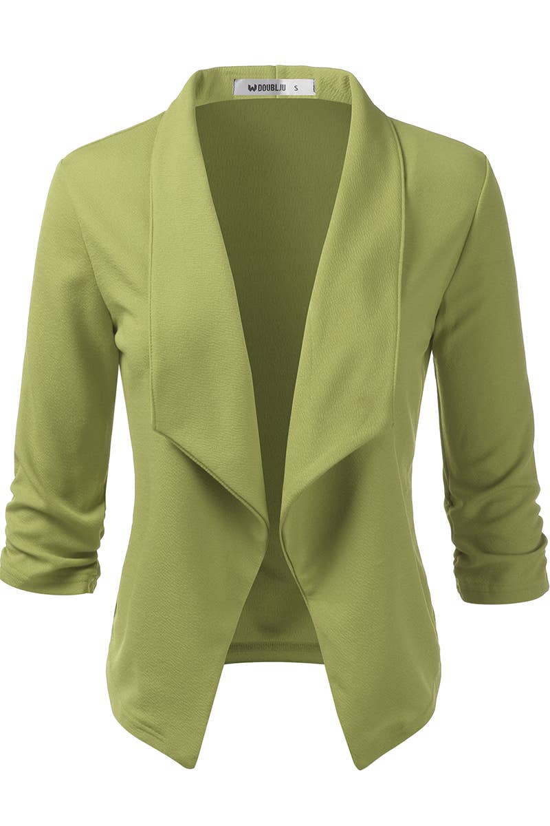 CWOBL091_Casual Work Ruched 3/4 Slv Open Front Blazer Jacket