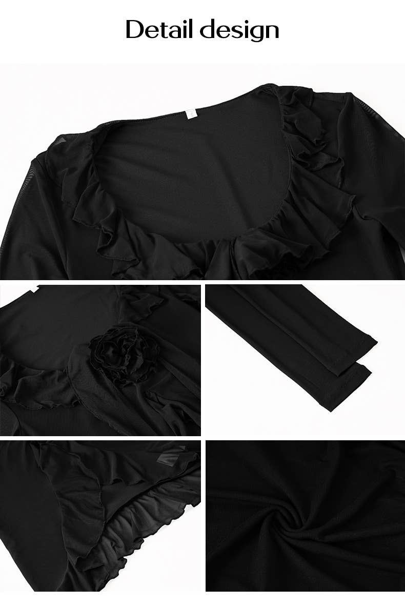 TEMPERAMENT U COLLAR LACE MESH LONG SLEEVE TOP