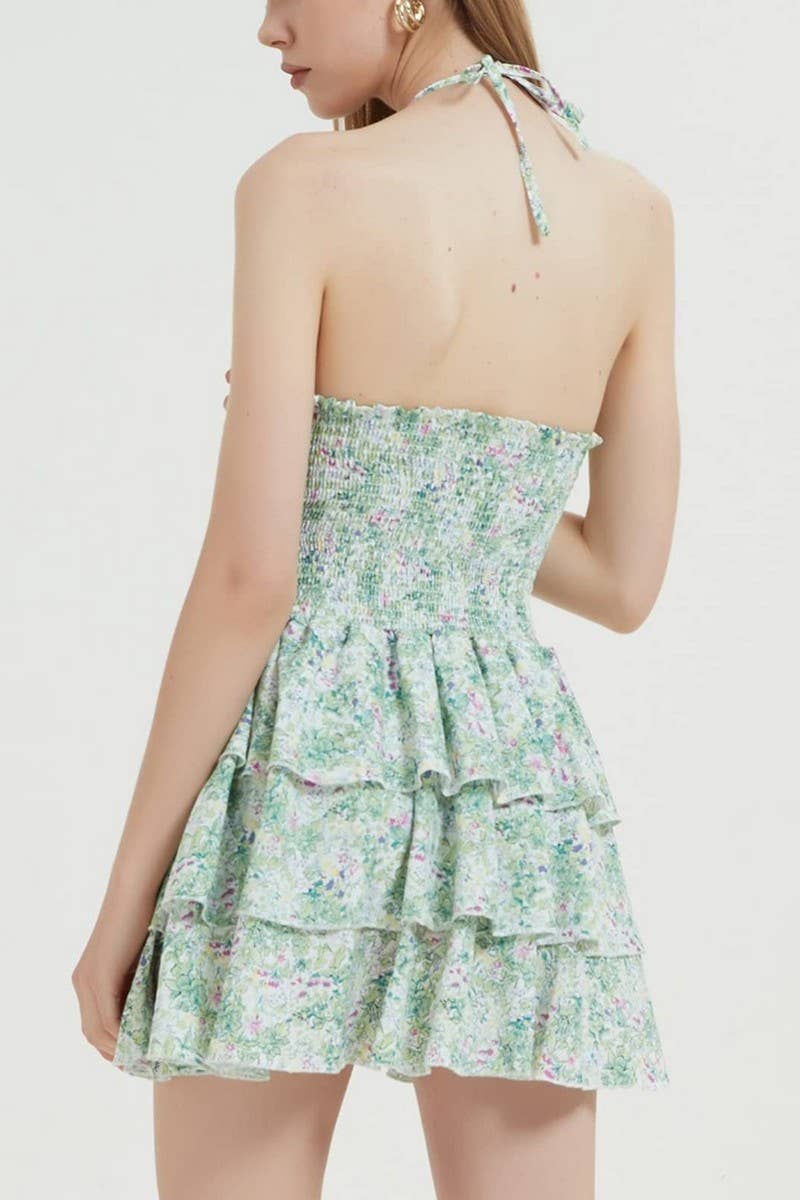 CWDHL1031_FLORAL HALTER WAIST RUCHED PUFF ROMPER DRESS