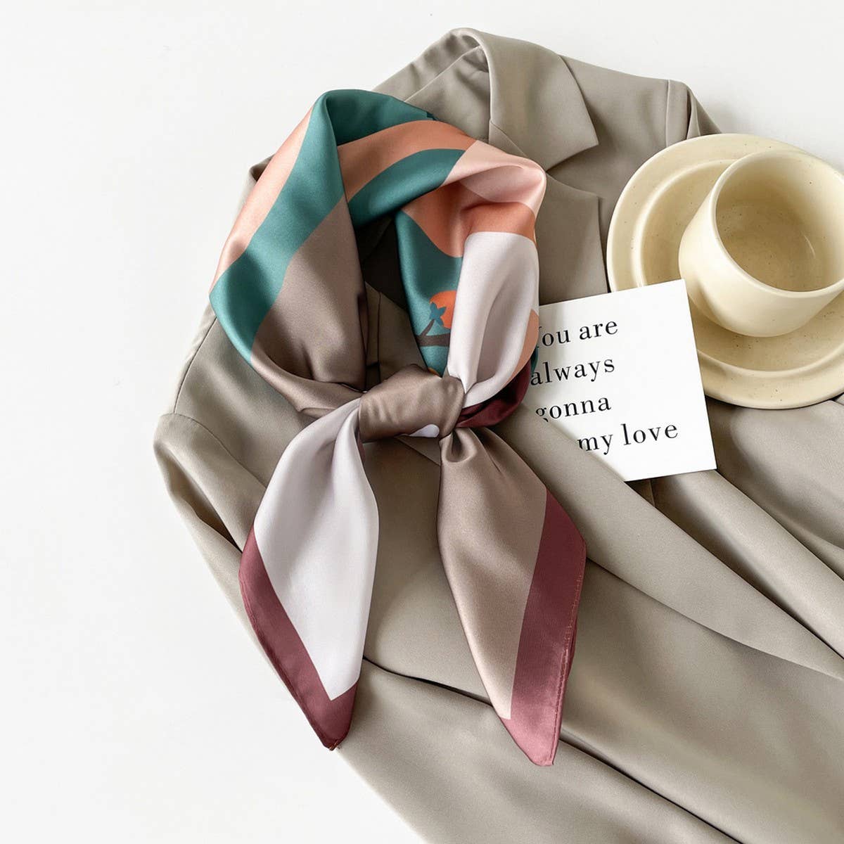 Mint Mambo Style Cartoon Print Satin Square Scarf