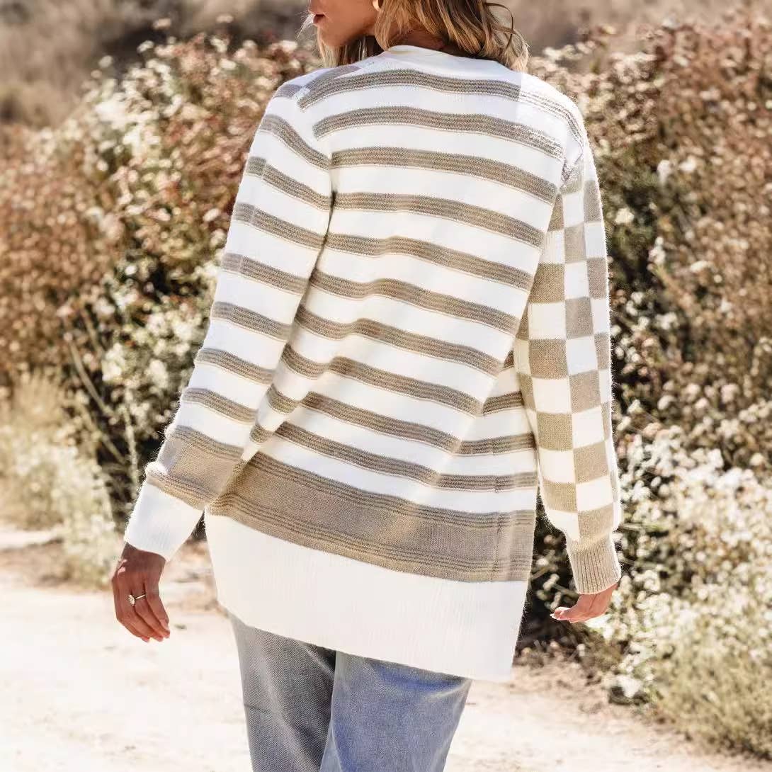 FASHION LOOSE PLAID COLOR MATCHING KNIT CARDIGAN