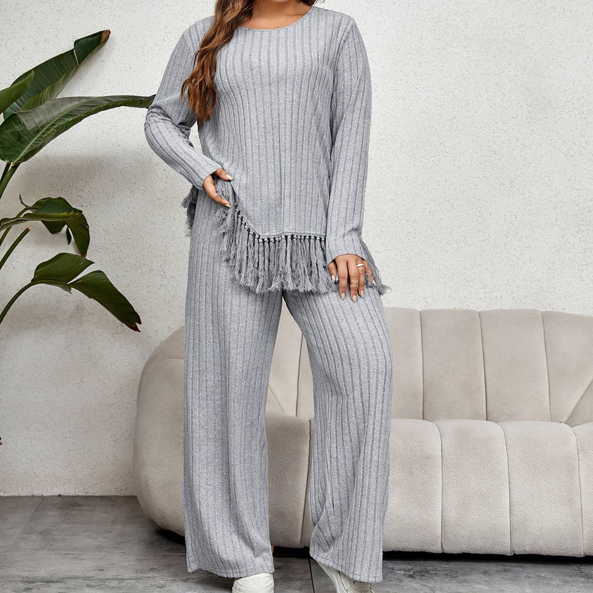 IRREGULAR FRINGE TOP LOOSE WIDE LEG PANT SUIT