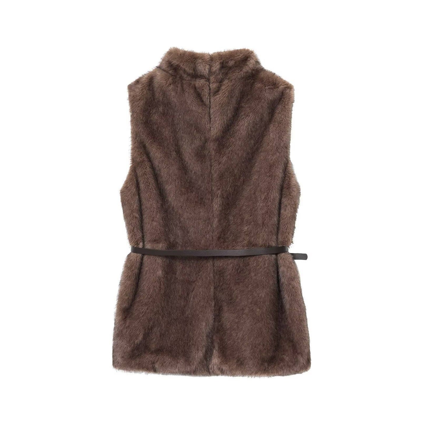 Sleeveless,belted,high-necked fashion furry vest