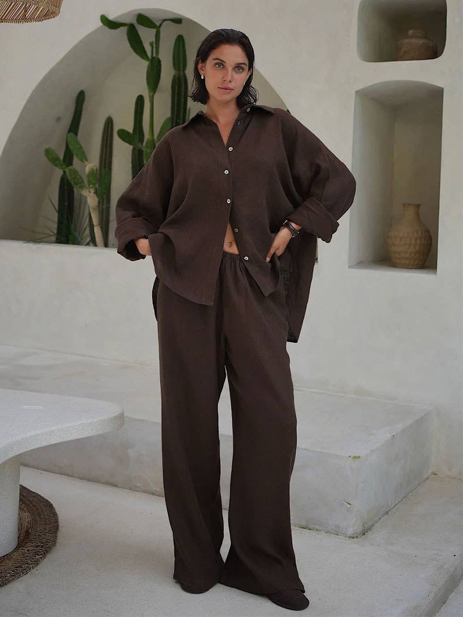 loose casual cotton shirt and wide-leg pants set