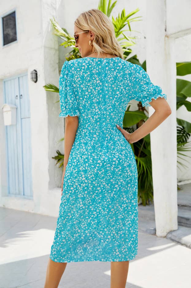 V-NECK STYLE LANTERN SLEEVE BOHEMIAN FLORAL DRESS