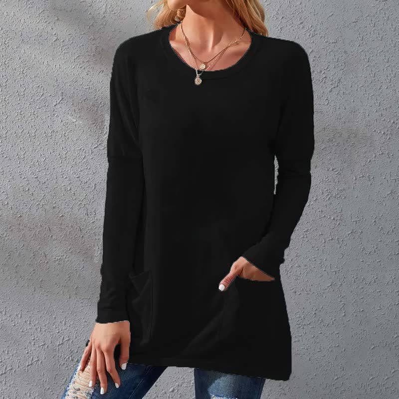 Solid-color loose round-neck pocket T-shirt