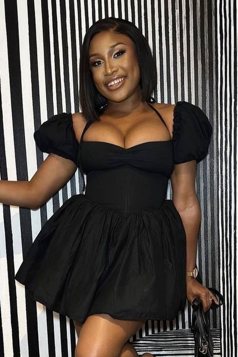 CWDSD6714_OFF-SHOULDER HALTERNECK DRESS WITH PUFF SLEEVES