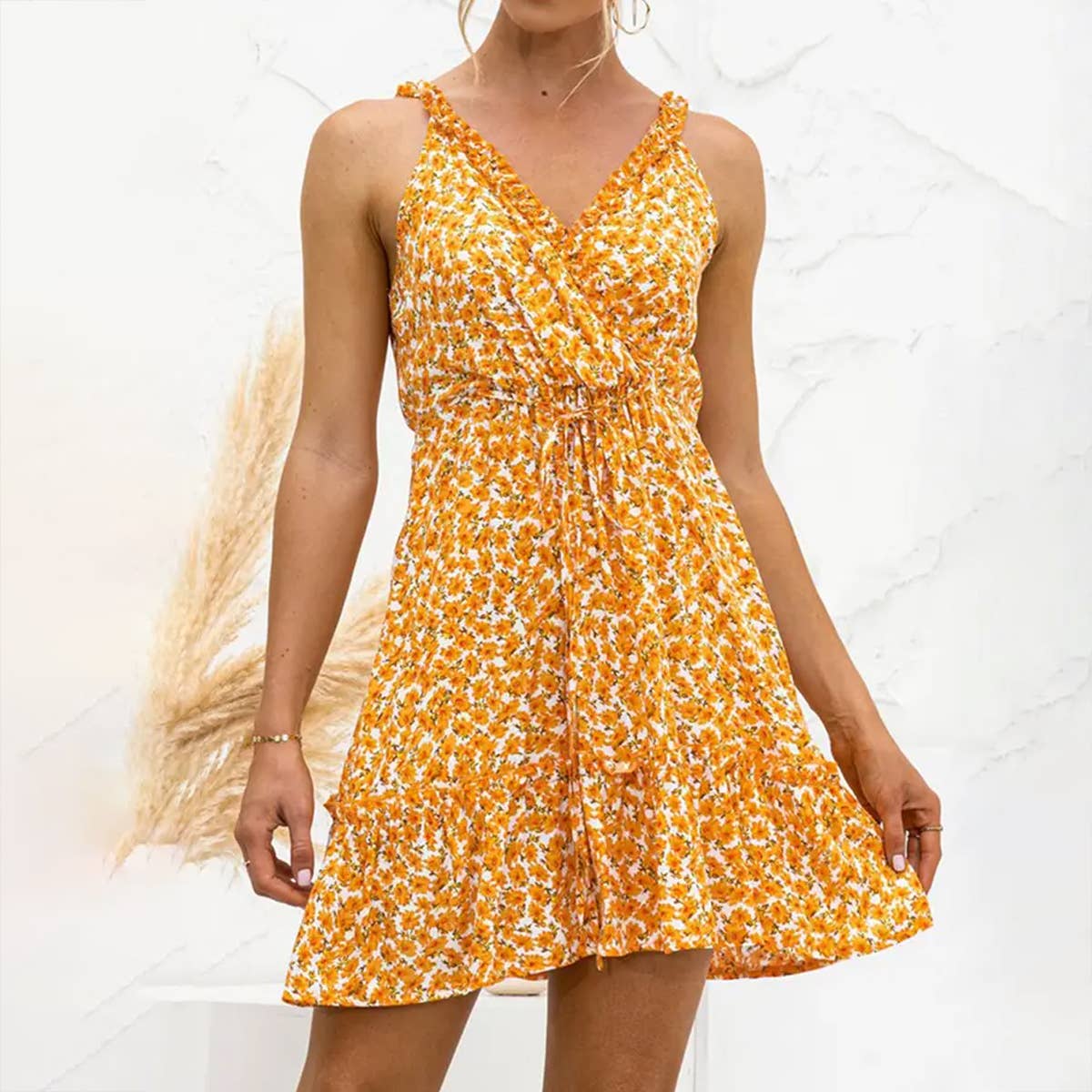 SEXY V NECK HALTER RUFFLED FLORAL DRESS_CWDSD2630