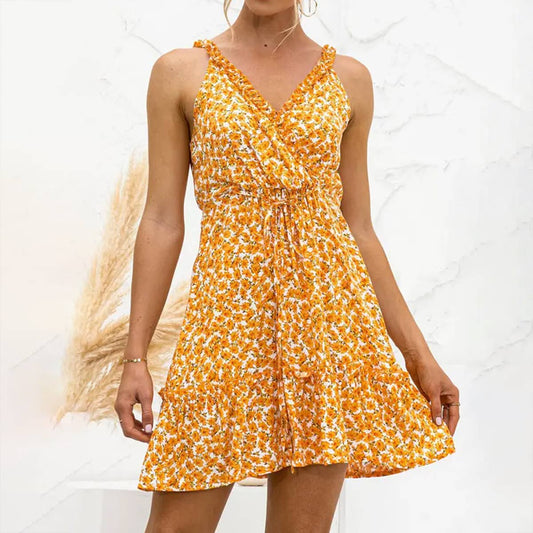 SEXY V NECK HALTER RUFFLED FLORAL DRESS_CWDSD2630