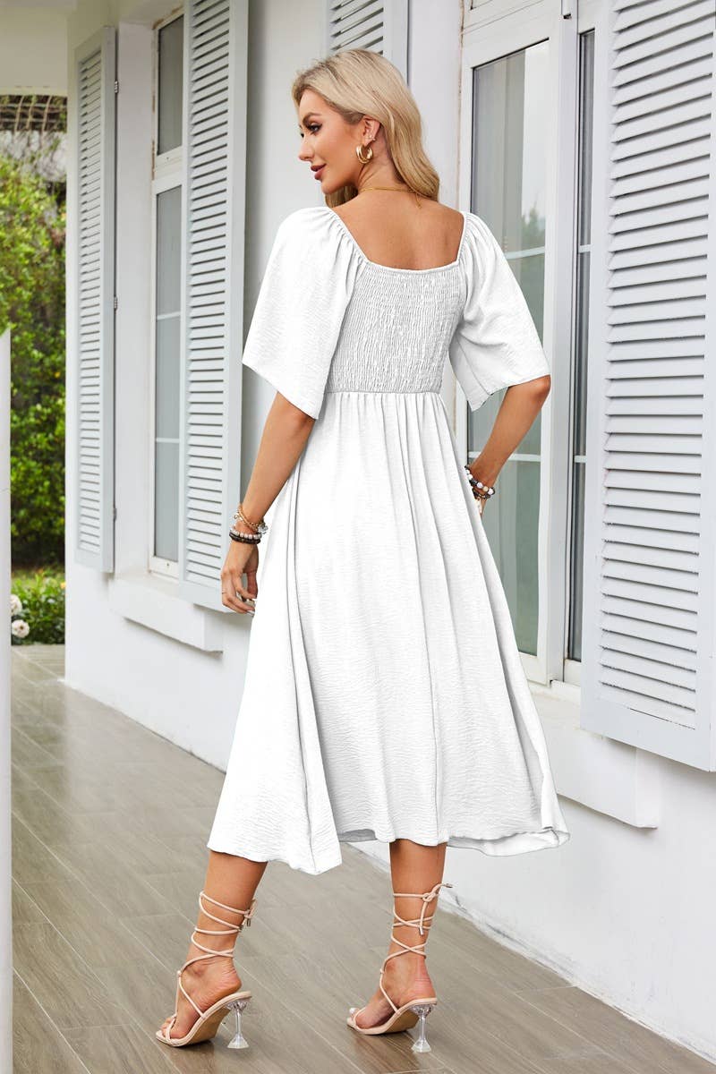 V-neck bow pleated mid-length short-sleeved dress