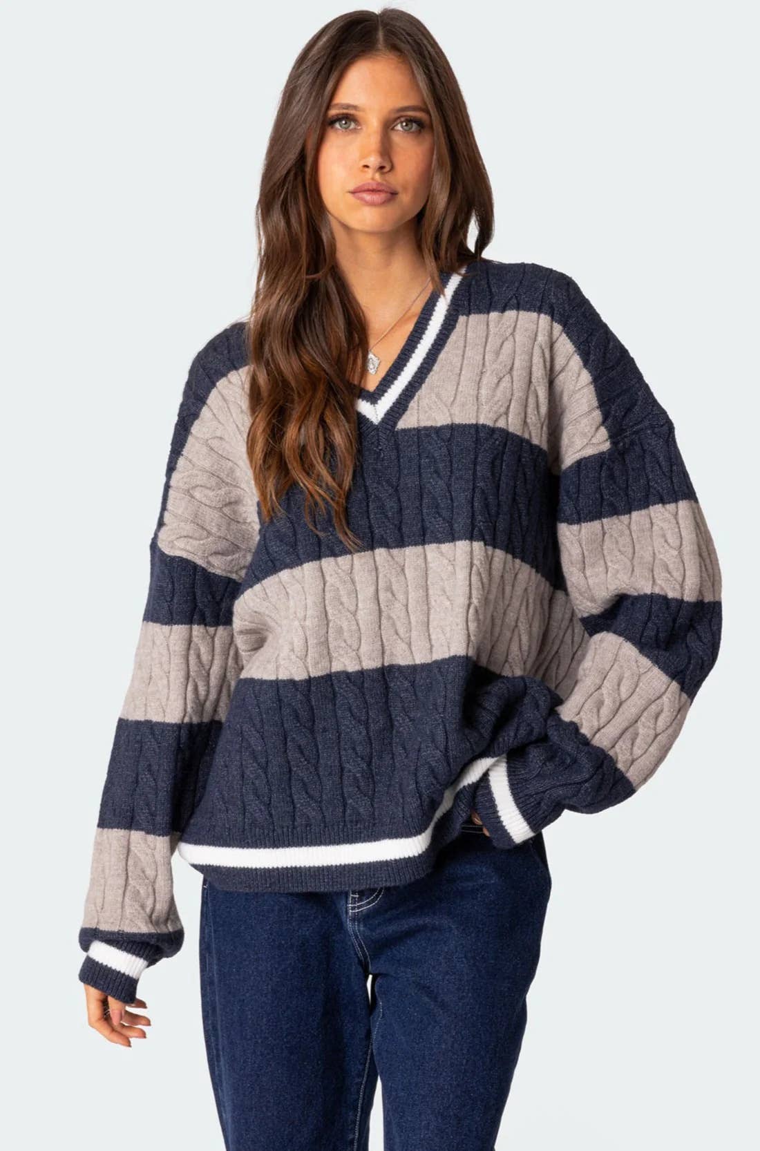 V-neck striped color matching loose sweater