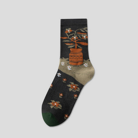 CWMS02748_VINTAGE ART FLORAL CREW SOCKS WOMEN AESTHETIC