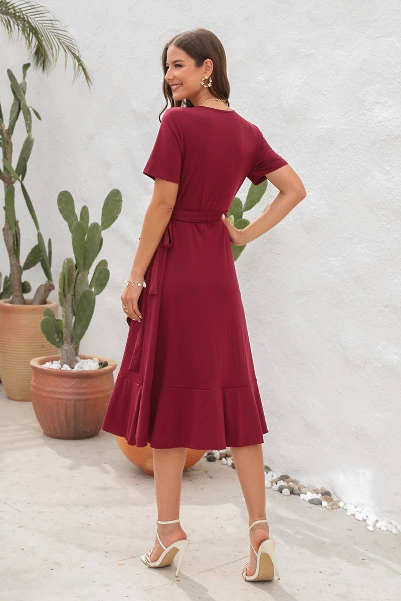 CWDMD2151_SOLID COLOR V-NECK HIGH WAIST BELTED DRESS
