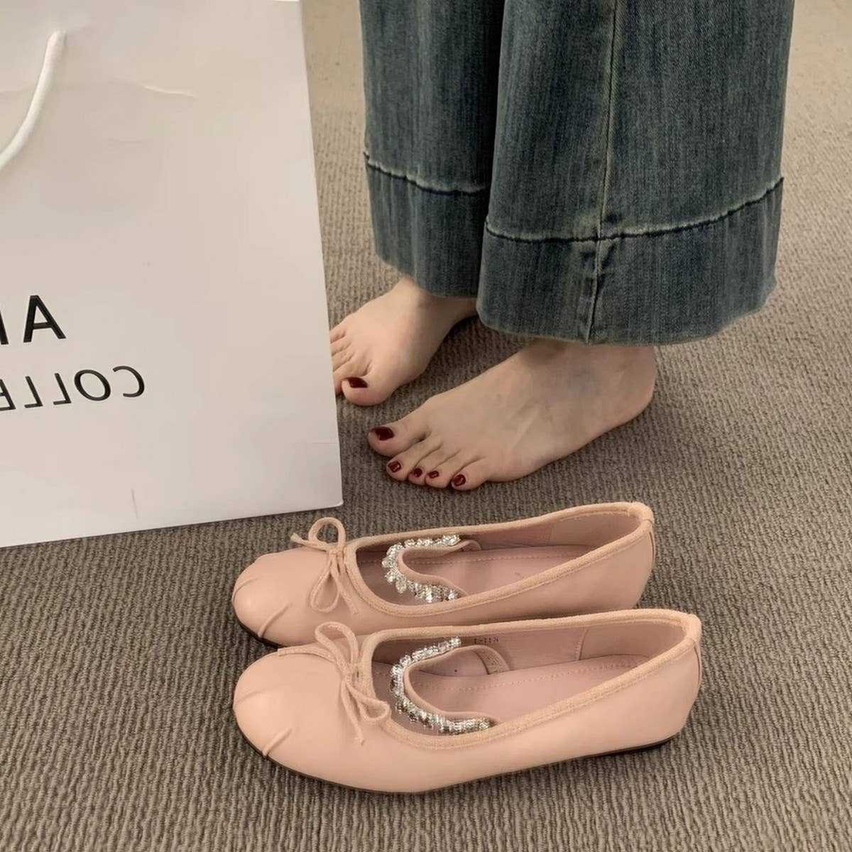 Rhinestone Strap Flat Mary Jane Bow Ballet Flats