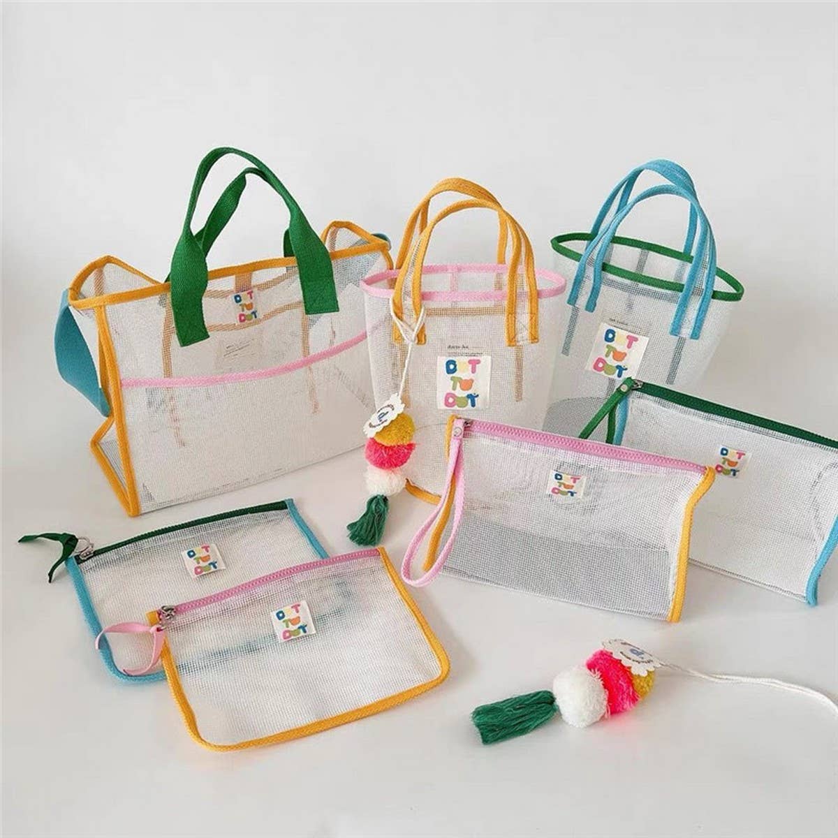 CONTRASTING COLOR MESH BEACH BUCKET BAG STORAGE BAG_CWAB1918