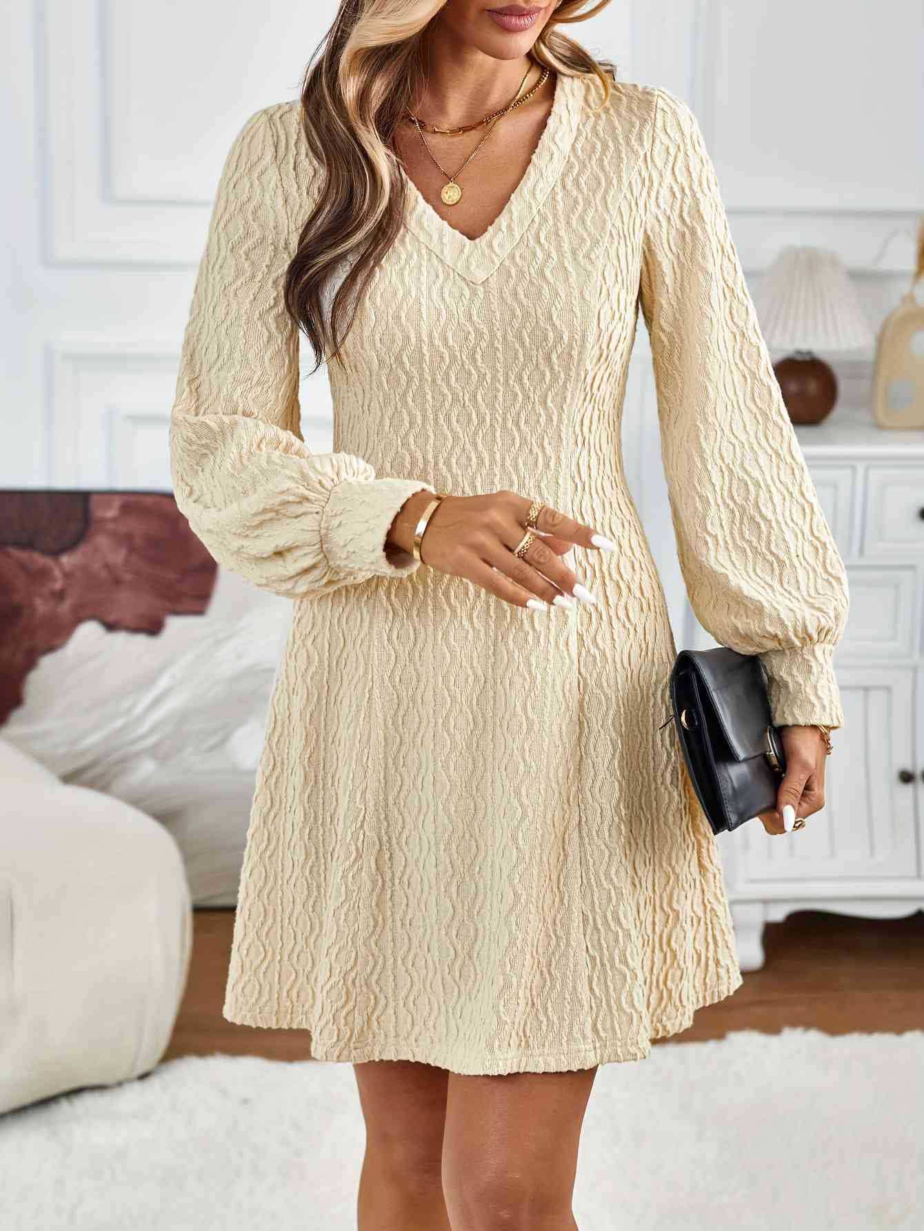 V-neck lace trim lantern sleeve dress