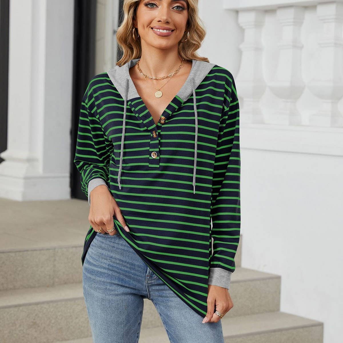 Hooded button drawstring long-sleeved hoodie