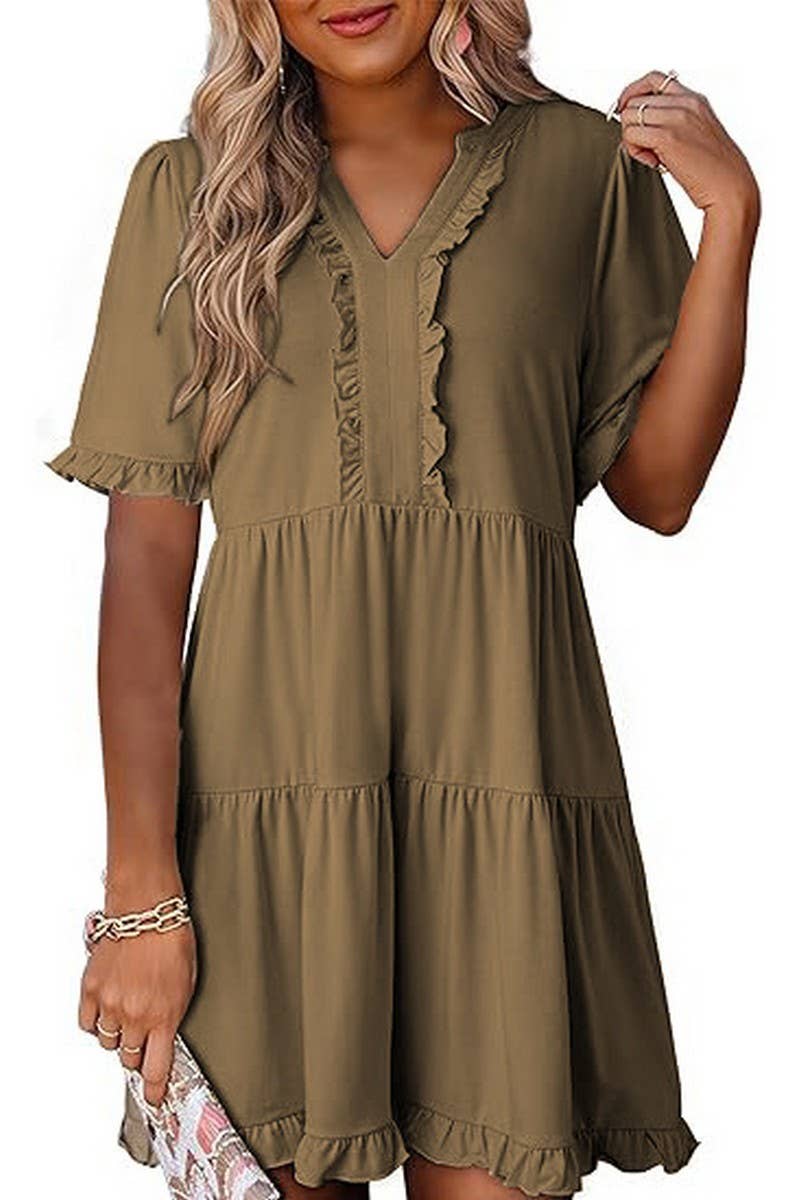CWDSD8780_V-NECK SHORT-SLEEVED CASUAL A-LINE RUFFLED MINI DR