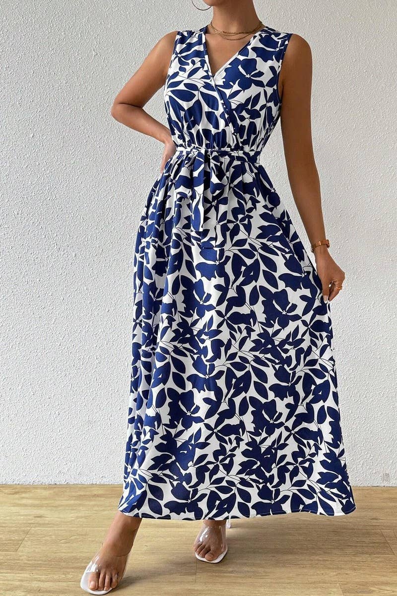 CWDMD4426_PRINTED V-NECK SLEEVELESS TIE RESORT MAXI DRESS