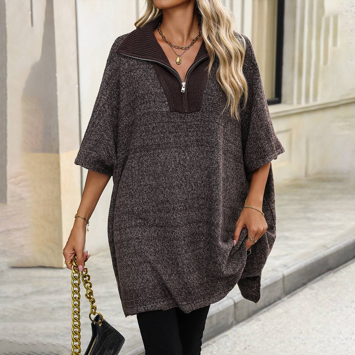 Long knit bat-sleeve zip-up lapel sweater