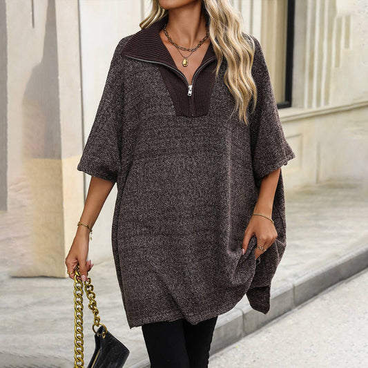 Long knit bat-sleeve zip-up lapel sweater
