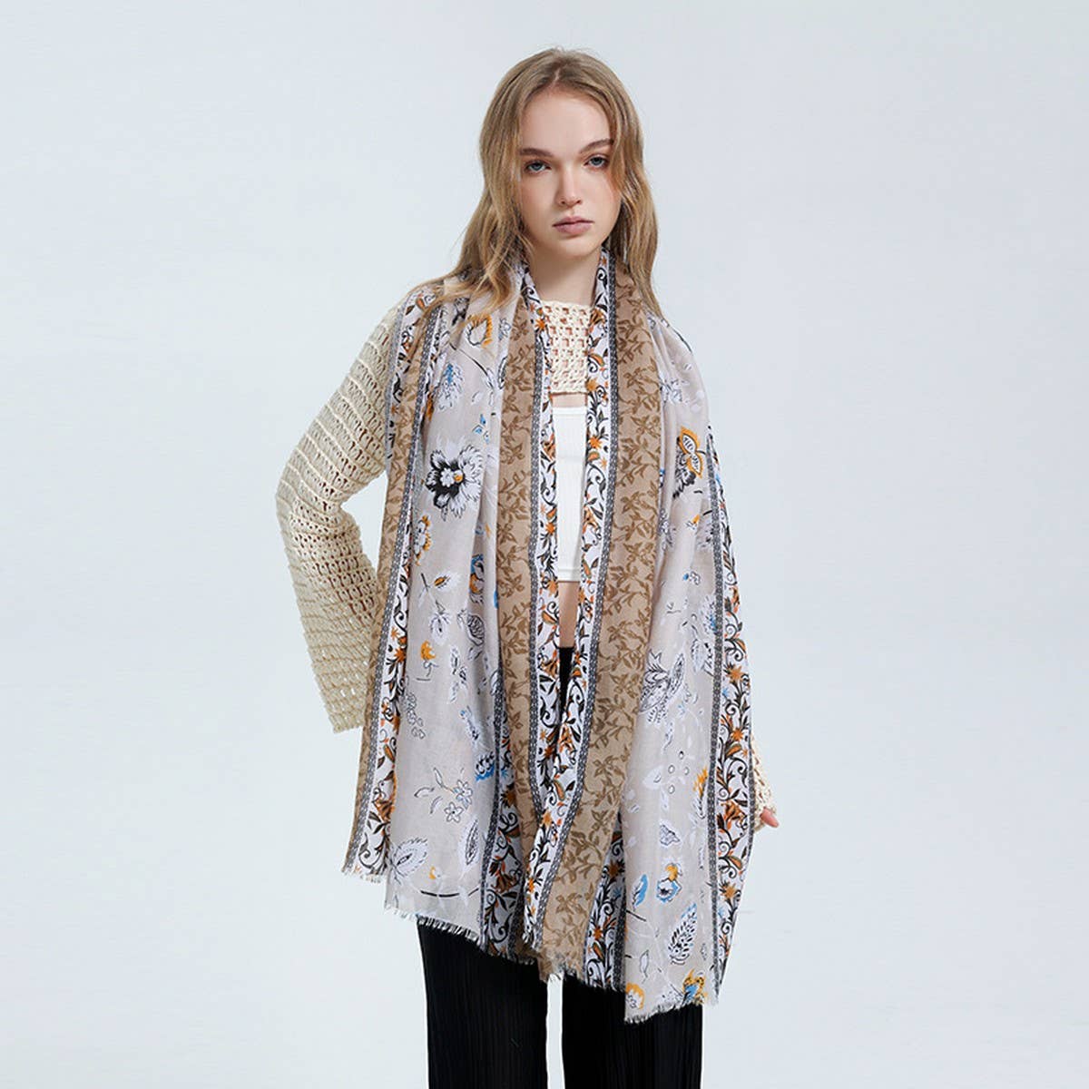 Floral Border Satin Scarf ? Elegant Beach Wrap