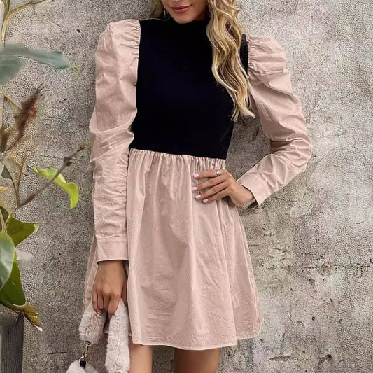 Half High Neck Color Puffy Sleeve Princess Dress