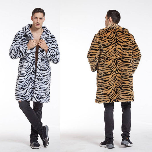 Men's Faux Fur Tiger Print Long Coat Plus Size