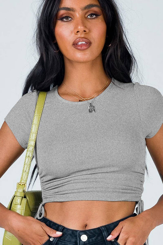Cwtbls1808_Crew Neck Ribbed Drawstring Slim Fit Crop Top