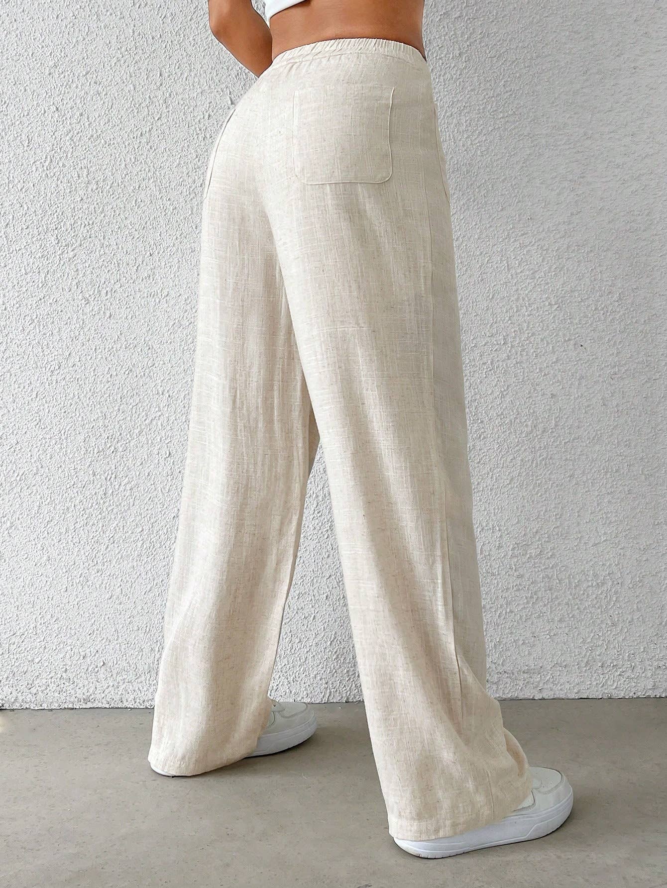 Cotton and linen solid-color elastic waist pants