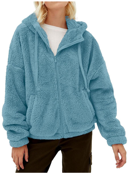 SOLID COLOR CASUAL PLUSH ZIPPER HOODED COAT