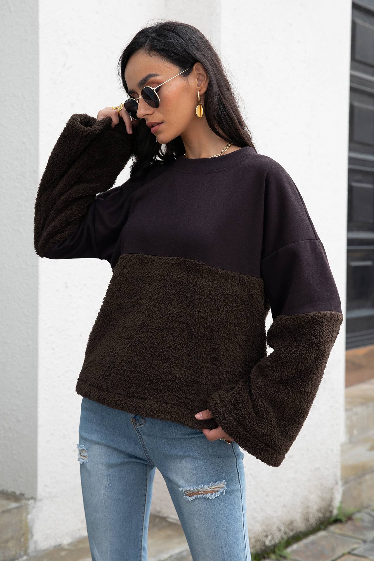 SIMPLE PATCHWORK LOOSE THERMAL HOODIE