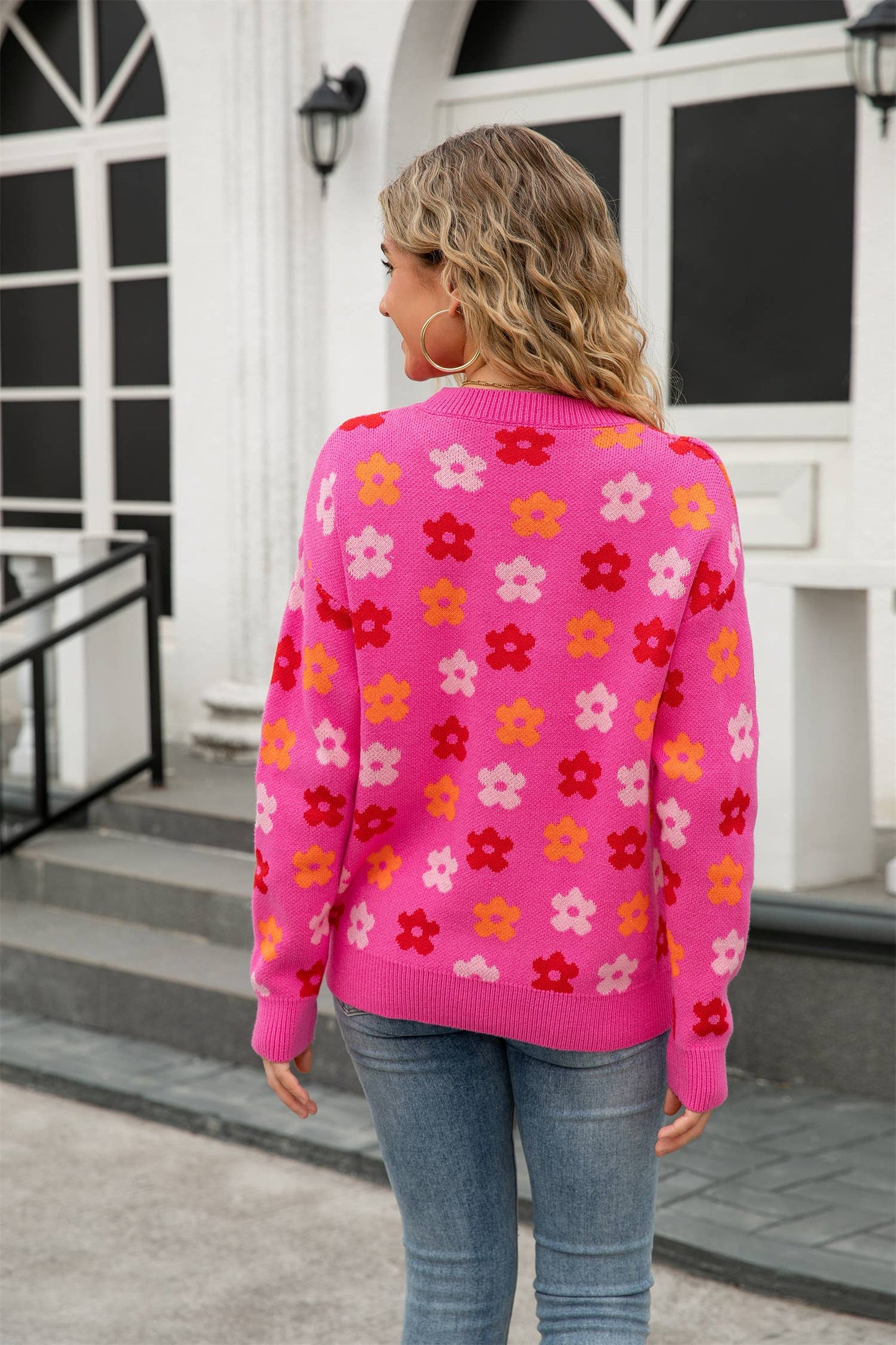 Versatile flower-printed warm threaded sweater