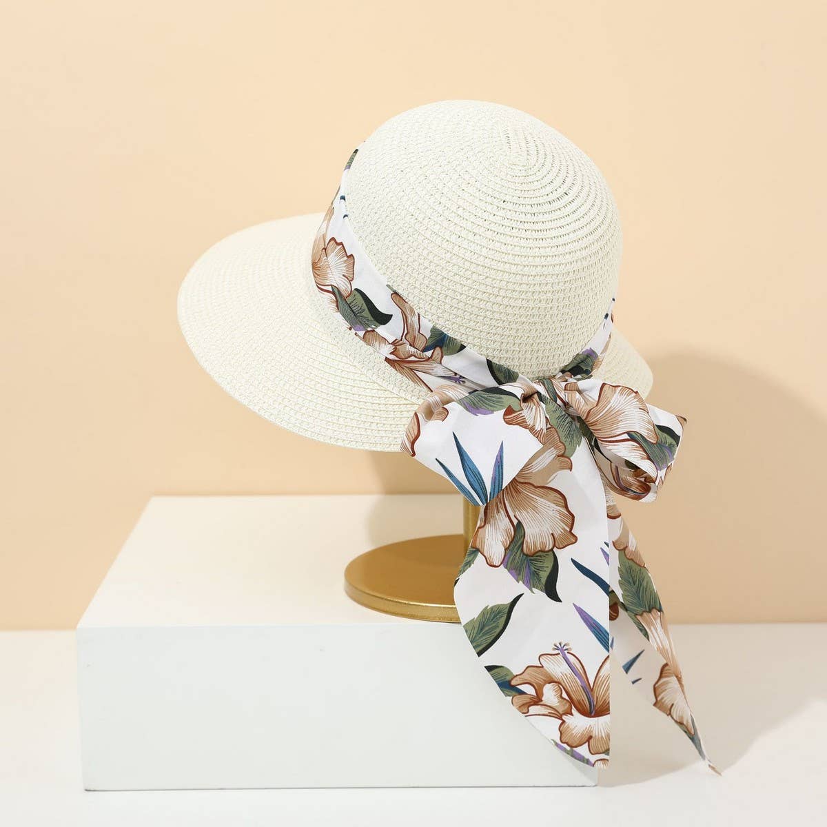 Fashion bow ribbon wide brim straw hat_CWAH3471