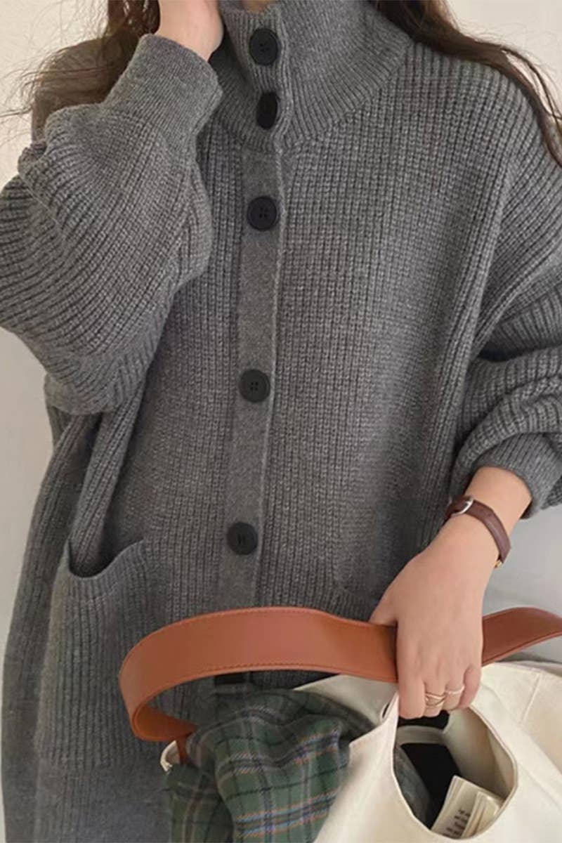 Single-breasted solid-color mid-length cardigan