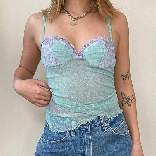 Lace mesh transparent design strappy top