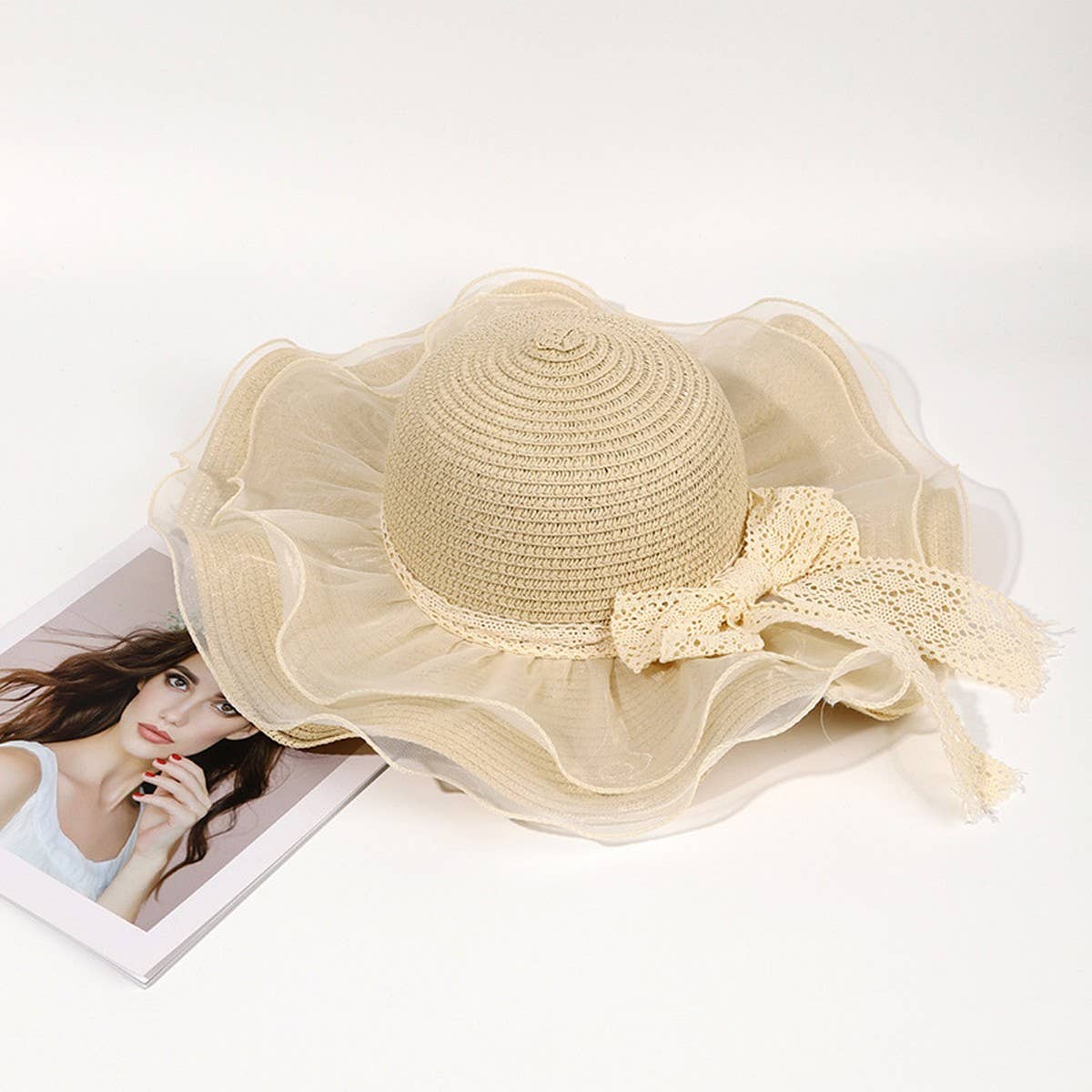 Fashion bow ribbon wide brim straw hat_CWAH3474