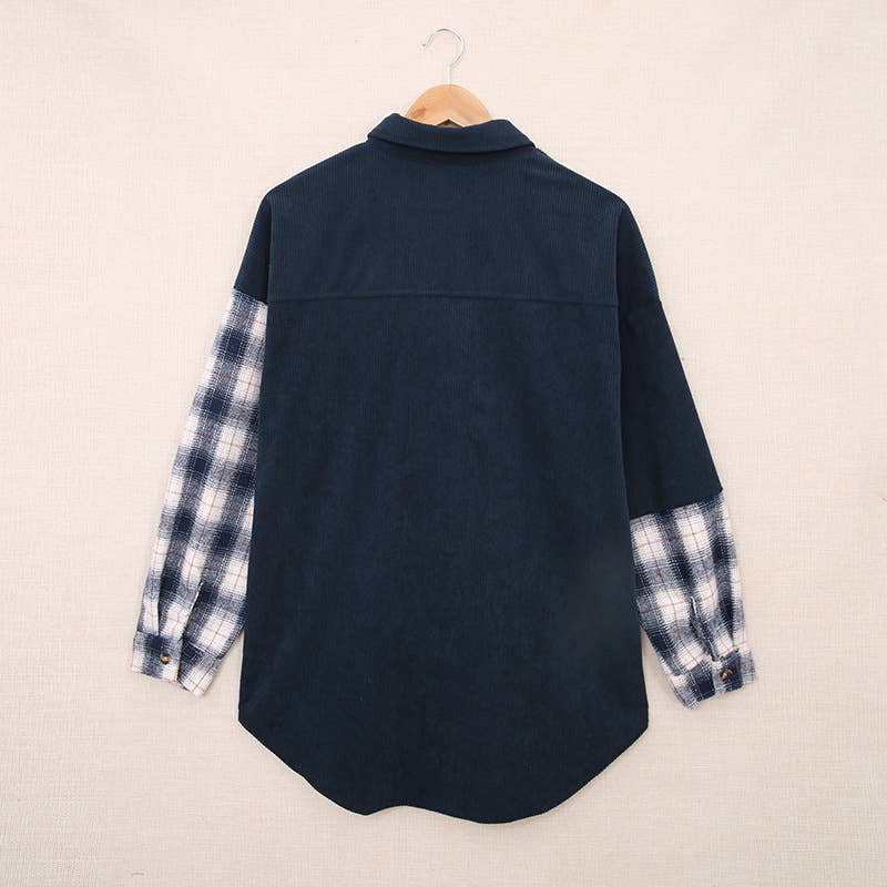 SINGLE BREASTED PLAID CORDUROY LONG SLEEVE SHIRT