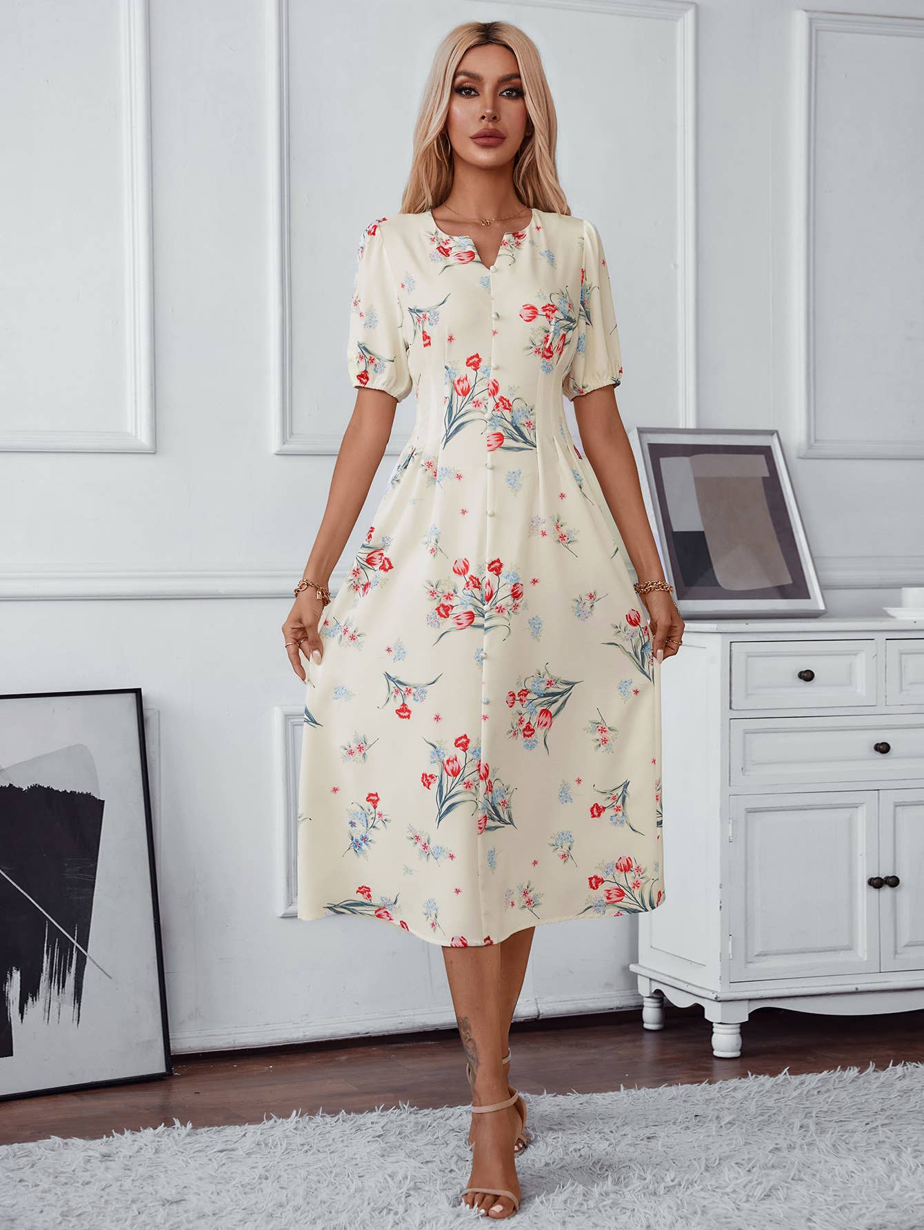 NOTCHED V-NECK ELEGANT PRINTED SHORT SLEEVE DRESS