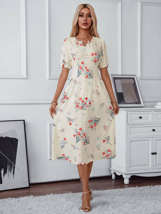 NOTCHED V-NECK ELEGANT PRINTED SHORT SLEEVE DRESS