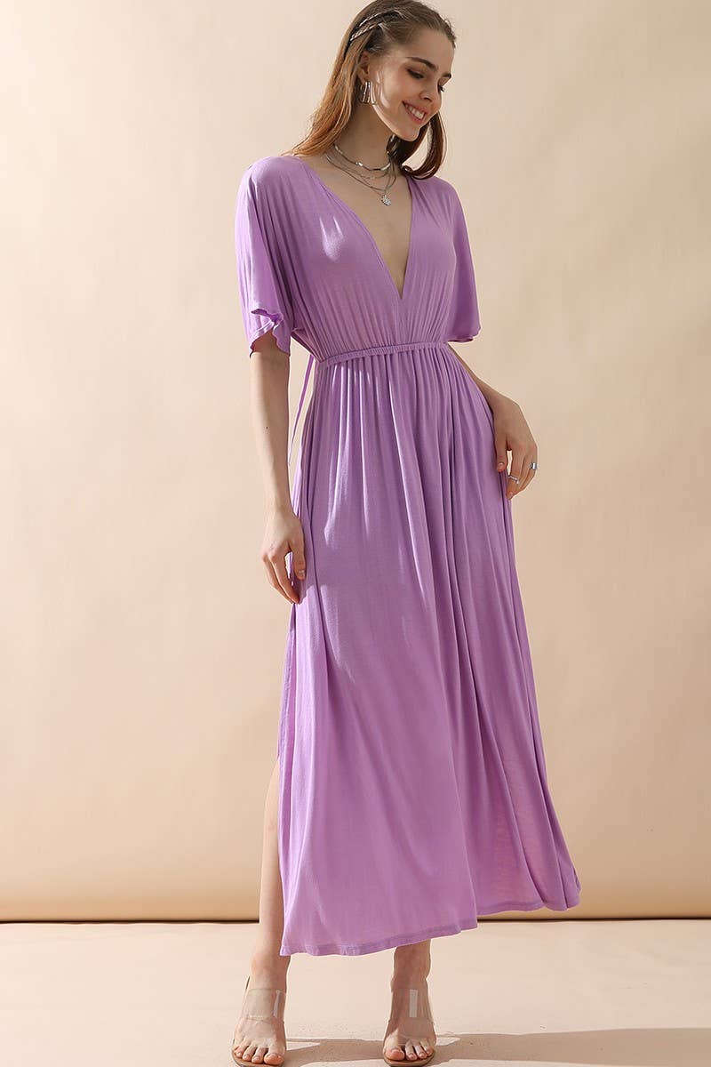CWDMD825_V NECK BACK BOW TIE EMPIRE MAXI DRESS