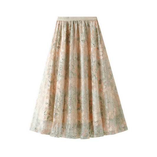 Embroidered Layered Tulle Skirt with Elastic Waist