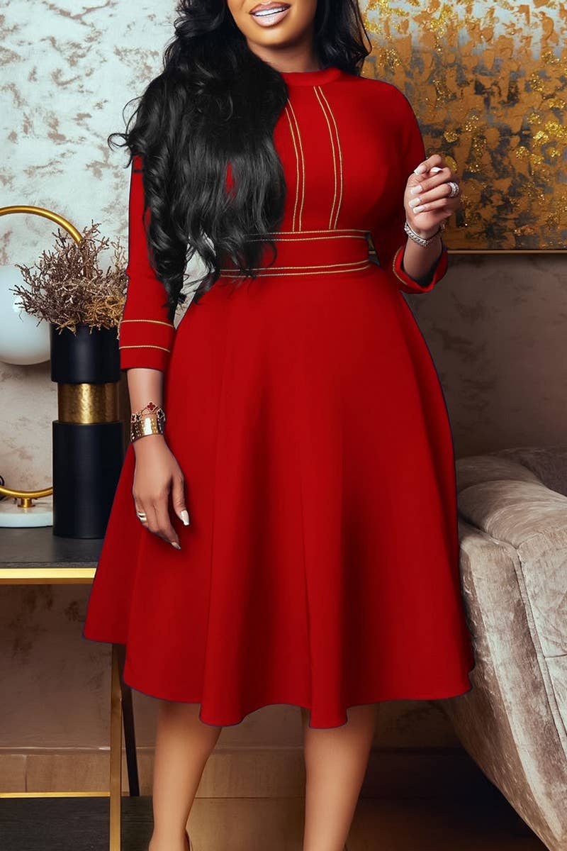 CWDMD01257_PLUS SIZE WOMEN STAND COLLAR PARTY SWING DRESS