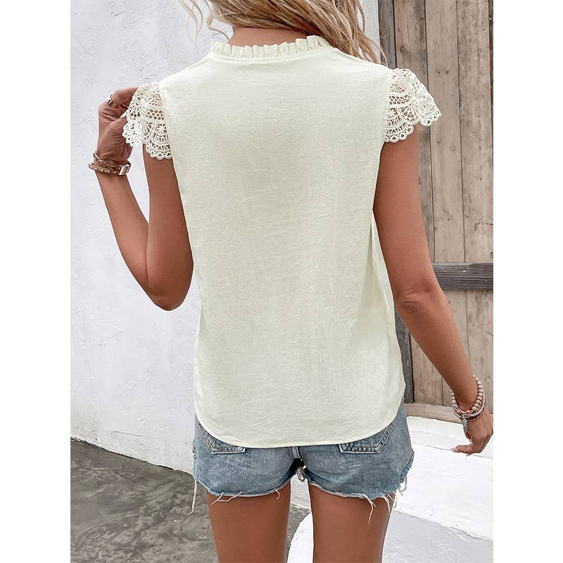 STAND-UP COLLAR SOLID COLOR LACE SLEEVE SHIRT
