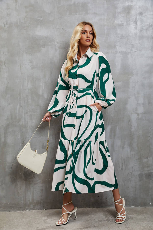 PRINT LOOSE LACE-UP SHIRT DRESS