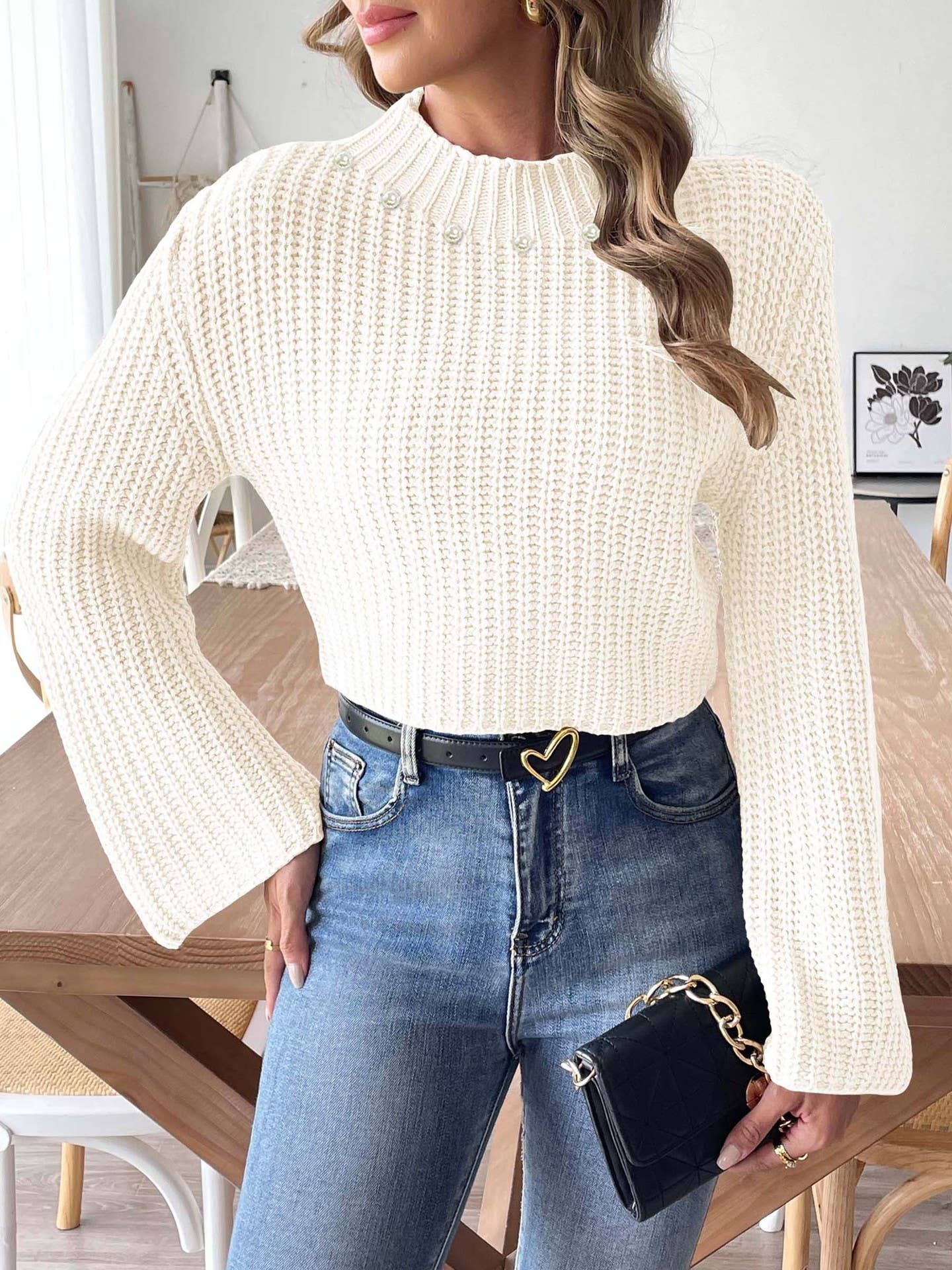 SWEATER WITH FLARED SLEEVES AND HALF TURTLENECK