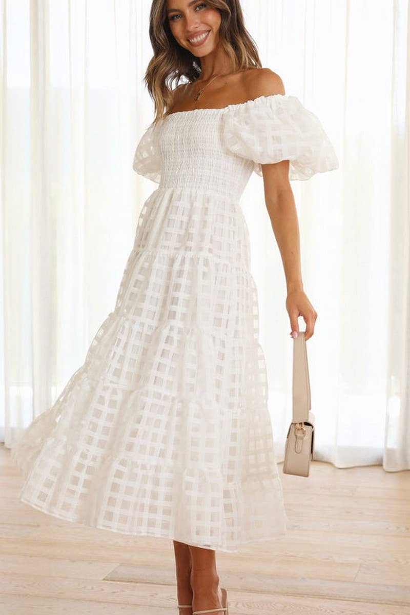 CWDMD5648_OFF SHOULDER LANTERN SLEEVE TIERED RUFFLE DRESS