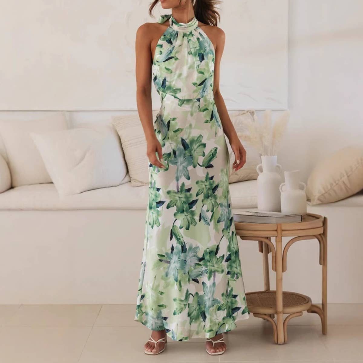 Lace-up,halter-neck,tie,backless printed dress