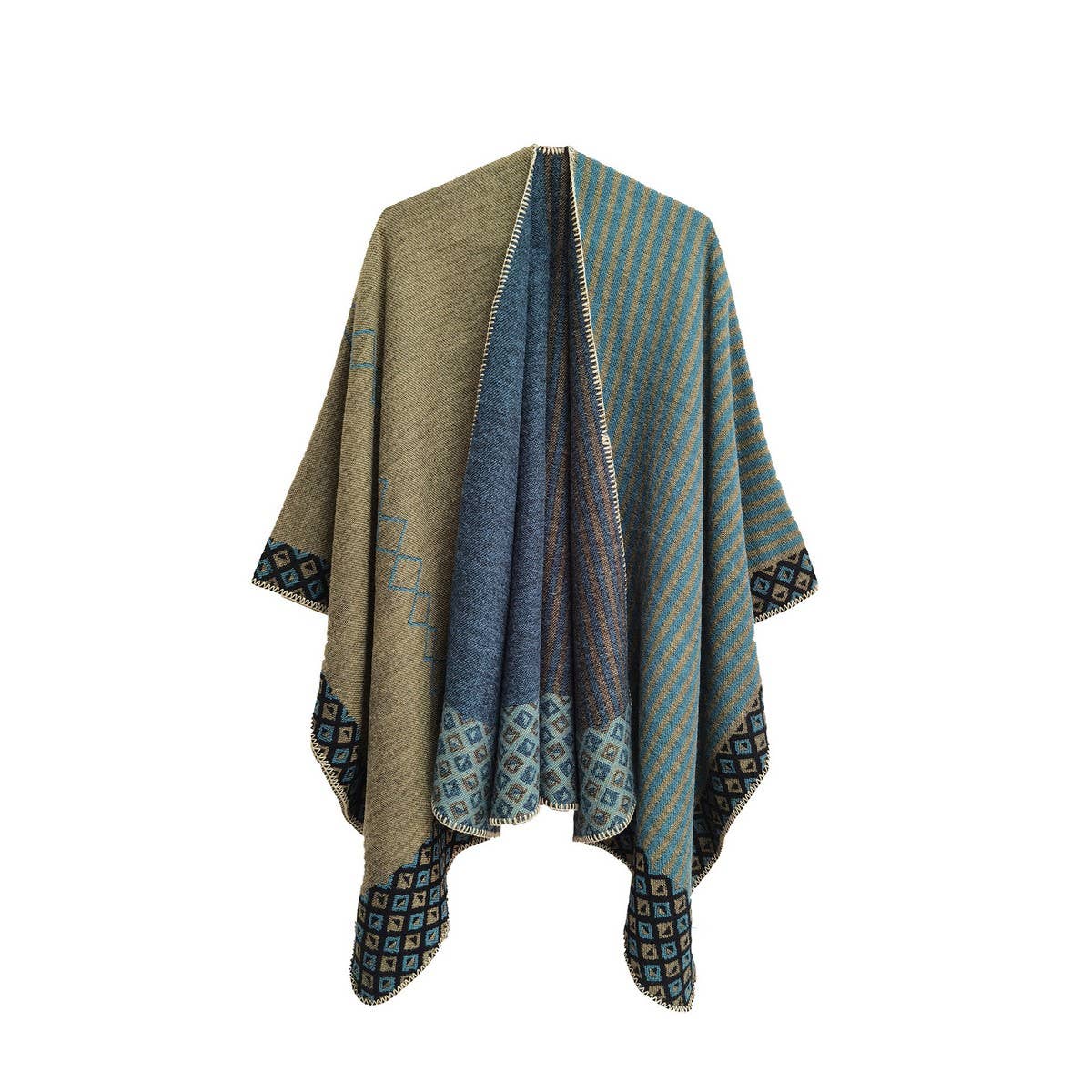 SIMPLE SPLIT SHAWL WITH DIAMOND GEOMETRIC PATTERN_CWASC0289