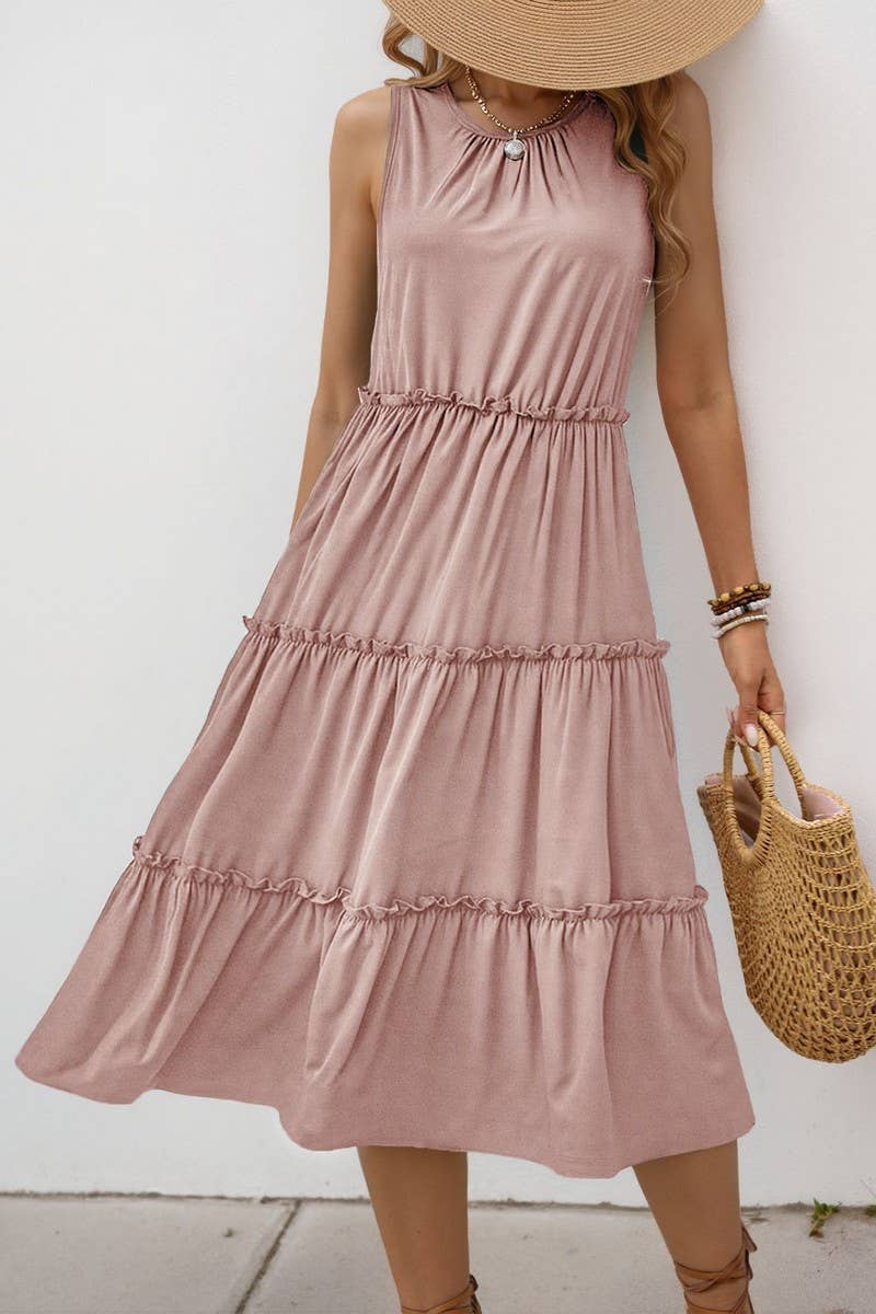 CWDMD5773_SOLID RUFFLED SLEEVELESS PLEATED MIDI DRESS